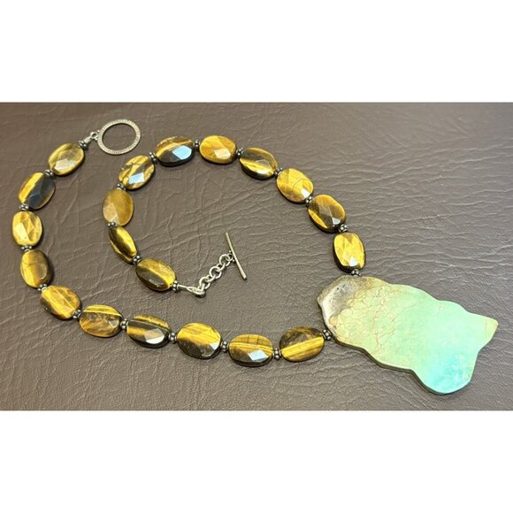 VINTAGE 925 Sterling Silver Tiger’s Eye Bead Turquoise Slice Chunky Necklace - Picture 1 of 10